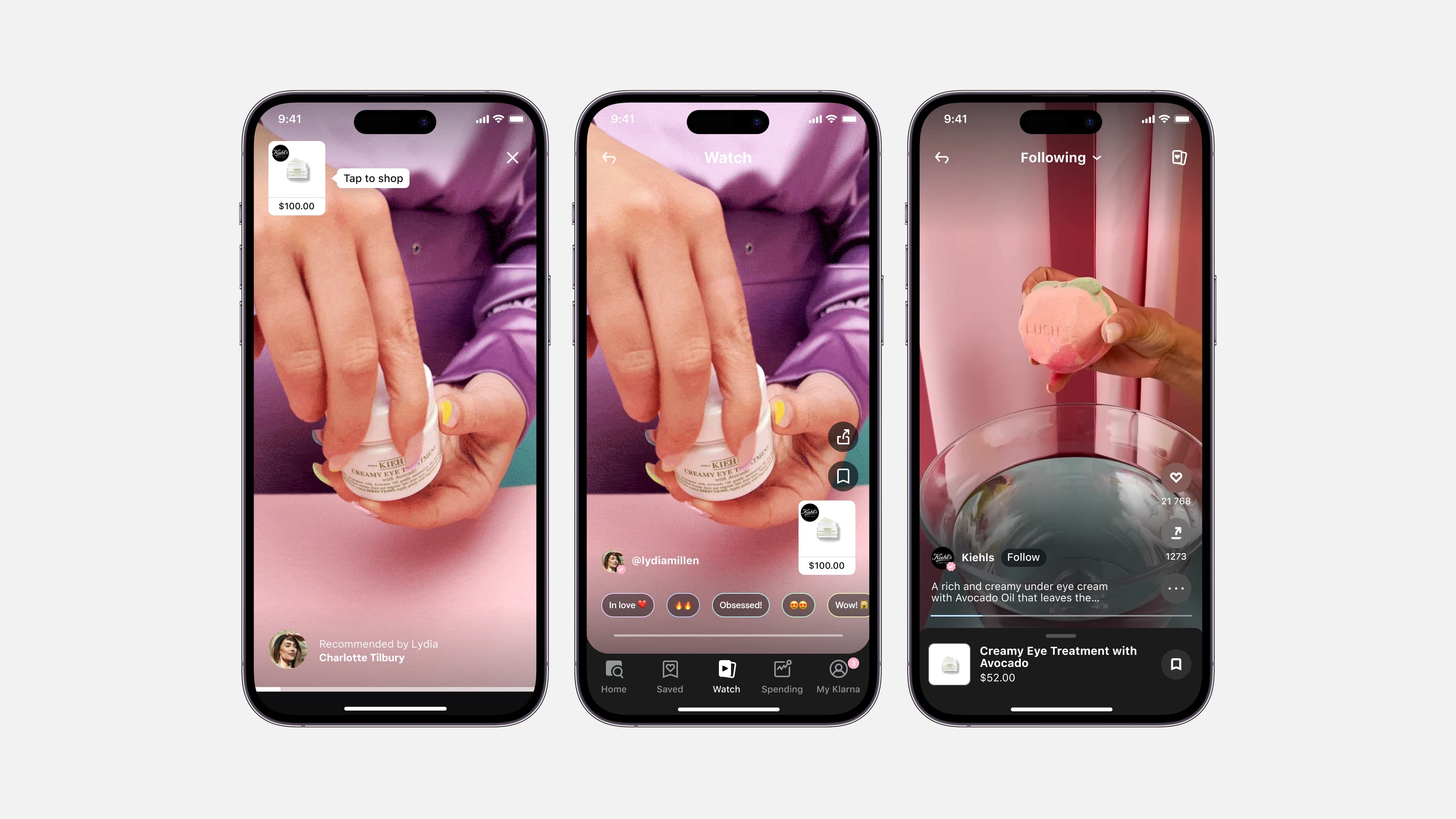 Klarna shoppable video — product screen